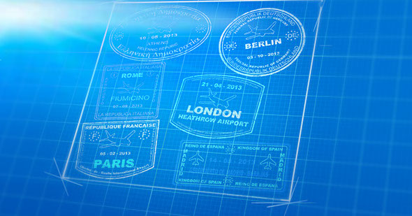 Technische Zeichnung verschiedener Zollstempel von Staedten wie Berlin, London, Paris und Rom auf blauem Hintergrund.